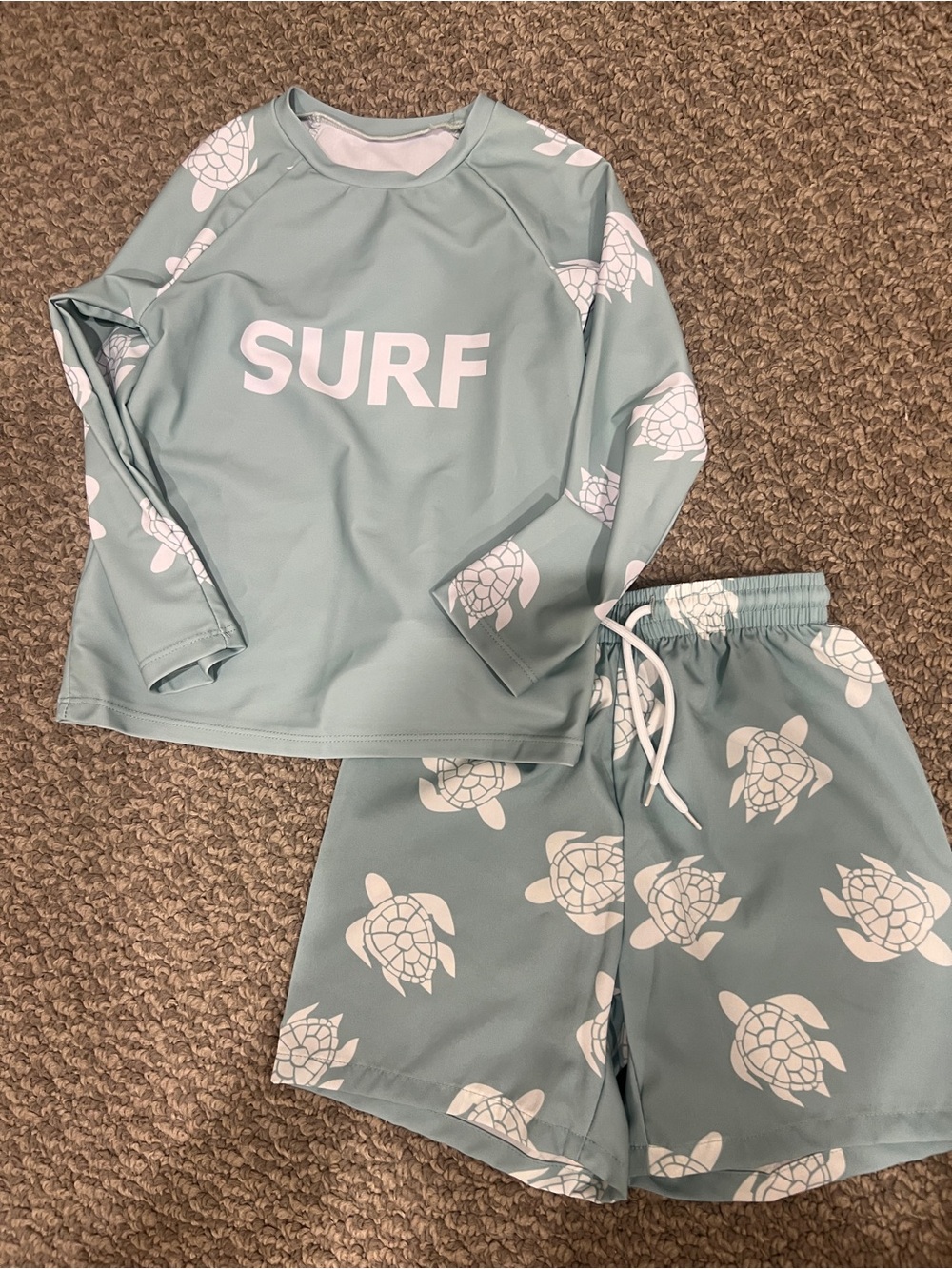 Boys Rash Guard Set - Seafoam Green with White Turtle Print Size 6